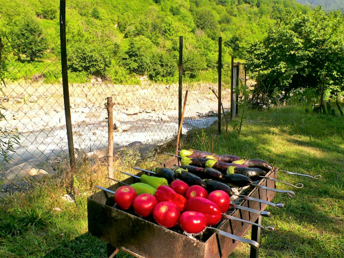 Положить шампура на заранее прогретый мангал.