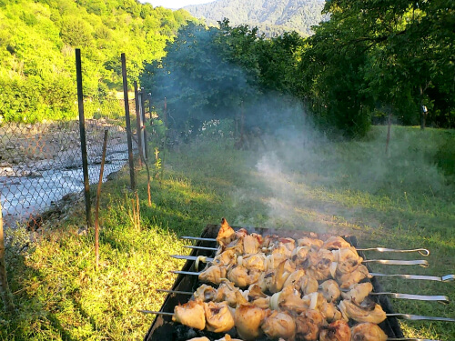 Жарить мясо на углях, на среднем жаре переворачивая каждые 3-5 мин до готовности. Куриные крылья жарятся быстрее чем остальные части, поэтому их насаживают на отдельный шампур и снимает с огня раньше. Жарить мясо на углях, на среднем жаре переворачивая каждые 3-5 мин до готовности. Куриные крылья жарятся быстрее чем остальные части, поэтому их насаживают на отдельный шампур и снимает с огня раньше.